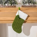 Classic green cable knit Christmas stocking with white plush cuff and hanging poms - Green