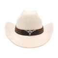 Cream white western cowboy hat with brown leather band and silver bull head emblem - Beige (Silver Bull Head)