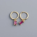 Minimalist 925 silver hoop earrings with rectangular pink zircon pendant in gold - Gold (Rose Red Zirconia)