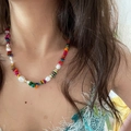 Bohemian dopamine necklace with colorful crushed stones and white baroque pearls - Colorful Pearl Stone Necklace (54#)