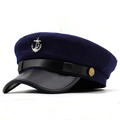 Classic navy blue captain hat with silver anchor badge and sleek black leather brim - M (56-58cm) / Navy Blue