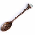Bronze branch-shaped coffee spoon featuring a vintage floral design and light green stone - Raw Stone Style / Fluorite
