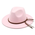 Detail of pink wool fedora hat featuring a brown braided rope band and stylish tassel - M (56-58cm) / Pink