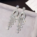 Elegant silver long tassel earrings with sparkling white crystals for parties - Silver Hollow Teardrop Gradient Tassel (415)