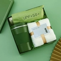 Green business gift set featuring a matte coffee mug, UPF 50+ umbrella, and soft white towel - [Olive Green] Insulated Cup + Umbrella + Towel