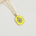 Fluorescent yellow square Hamsa pendant necklace with gold chain and blue eye stone - Yellow