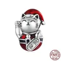 S925 sterling silver lucky cat charm bead with red enamel and lucky symbols - 925 Silver/Enamel / Christmas Lucky Cat-Red Fortune