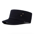 Dark navy flat top military cap in washed cotton featuring bronze star side buttons - Adjustable / Navy Blue