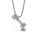 Polished silver dumbbell pendant necklace with stainless steel box chain for fitness - Dumbbell (KP97766)