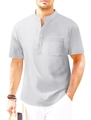 Close-up of light grey waffle texture fabric on short sleeve Henley shirt with chest pocket - Light Gray