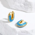 Golden U-shaped earrings with sky blue enamel and sparkling white zircon stones - Sky Blue