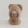 Dettaglio di passamontagna in peluche marrone con orecchie da orso e maschera integrata - 3-8 Anni / Marrone