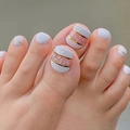 French style white press-on toenails with gold cloud lines and baroque pink scroll patterns - French Swirl Gold Line Style (JP1645)