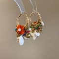 Bohemian orange leather flower earrings with cream teardrop pendant and beads - Coffee-White