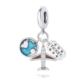 Silver travel charm set with blue globe, zircon airplane and ticket pendant charms - Globe Airplane Ticket (Airplane Series) / Silver Multicolor