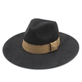 Classic black wide-brim fedora hat featuring a woven gold band and M metal emblem - M(56-59CM) / Black (Suede)