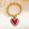 Gothic Perlenarmband mit goldenen Kugeln und großem rotem Herz-Krone-Anhänger - Rotes Kronen-Heiliges-Herz-Anhänger-Armband (10420) / Gold Beads With Antique Silver Charms