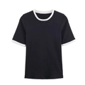 T-shirt nera da donna a maniche corte con perle sul girocollo e bordi bianchi - XS / Nero