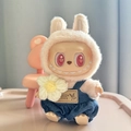 Pink plush rabbit outfit and denim overalls for Labubu pendant doll with yellow flower - Deer With Flowers / First And Second Generation Keychains Are Compatible With La Cloth Dolls. Dolls Not Included.
