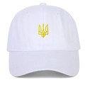 Weiße Baumwoll-Baseballkappe mit besticktem gelben Dreizack-Wappen der Ukraine - Unstrukturierte Krone Weiß