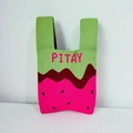 Knitted pitaya tote bag in green and pink color block with pitay letter embroidery - Red Dragon Fruit