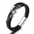 Men's multilayer black braided leather bracelet with silver anchor and magnetic clasp - Black