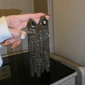 Elegant U-shaped long fringe earrings with grey rhinestones in a gun black finish - Black Rhinestone Tassel (Silver Earring Post)