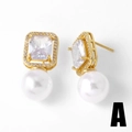 Elegant 18k gold plated pearl drop earrings with square zircon stud and halo design - Square Zirconia Pearl Drop (A)