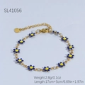 Gold stainless steel daisy chain bracelet with blue and yellow enamel flower charms - Blue & Yellow Flowers/Gold Chain