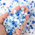 Mix of blue and white half round pearls and resin rhinestones for DIY nail art and crafts - Half-circle Pearl Blue And White Series #a07 / 30 g