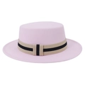 Detail view of pink flat-top wool felt hat featuring a beige and black striped band - One Size 58cm Circumference / Pink