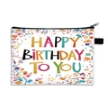 Minimalist Happy Birthday makeup bag with colorful confetti and black zipper detail - Birthday Text Style (01)