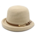 Detail of beige knit bucket hat featuring a brown leather strap and gold metal buckle - M (56-58cm) / Beige