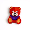 Cute acrylic teddy bear brooch in bright orange with purple collar and yellow accents - Orange Red Bear