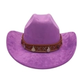 Western style purple suede cowboy hat with brown embroidered ethnic band and metal charms - Purple