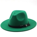 Detail of bright green wool felt fedora featuring black leather band and silver buckle - M (56-58cm) / Grass Green