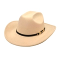 Close-up of beige wool fedora hat featuring a black leather band and gold metal buckle - M (56-58cm) / Beige
