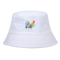 Close-up of colorful rooster embroidery on white cotton bucket hat with stitching detail - Adjustable / White