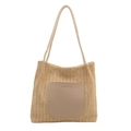 Beige gewebte Bucket-Tasche mit Lederpatch und schmalen Schultergurten für den Sommer - Khaki