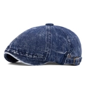 Vintage dark blue washed denim newsboy cap with adjustable bronze metal buckle - Dark Blue