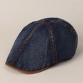 Detail of navy denim ivy cap with orange stitching and brown leather visor brim - M (56-58cm) / Dark Blue
