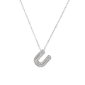 Macro detail of silver U letter pendant with sparkling zircon paving on micro chain - Letter U