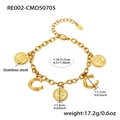 18K gold plated stainless steel bracelet with Elizabeth coin and bamboo letter C charms - Gold - Letter C