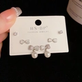 Three-piece silver earring set with pearls and rhinestones on a display card - Silver-Opal Pearl Set (101#)