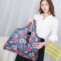 Foldable navy blue oxford cloth shopping bag with pink floral print pattern - Dark Blue Large Floral