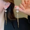 Detailed close-up of gold plated long tassel earrings with sparkling white crystals - Silver Earring Post Zircon Snowflake Tassel (54#)