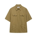 Minimalist khaki short-sleeve utility shirt with four symmetrical flap pockets on white background - XS / Shirt / Khaki