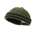 Olive green docker hat with black striped knit brim and adjustable velcro strap back - Dark Green