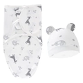 Detailed close-up of newborn swaddle and hat set with grey giraffe and elephant prints - Double-sided Grey Zebra Lion Swaddle + Hat Set