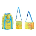 Three-piece yellow mesh beach toy bag set with blue straps for kids travel storage - Yellow Mesh Bag 3-Piece Set (Shoulder+Bucket+Handbag)